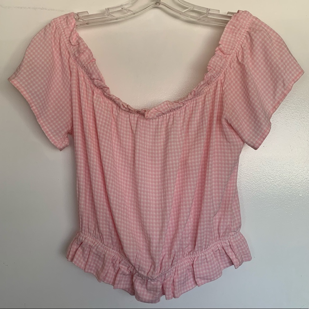 Pink White Gingham Off Shoulder Bow Tie Crop Top